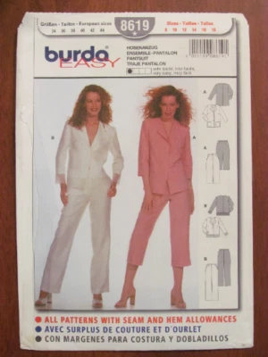 BURDA PATTERN - 8619 LADIES PANTSUIT JACKET V-NECK REVER PANT CROPPED 8-18 UNCUT - Image 1 of 2
