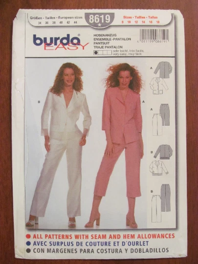 BURDA PATTERN - 8619 LADIES PANTSUIT JACKET V-NECK REVER PANT CROPPED 8-18 UNCUT - Image 1 of 2