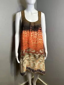 Da-Nang Orange Cream Brown Boho Sleeveless 100% Silk Shift Dress Size Medium - Picture 1 of 12