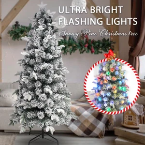 Christmas Snow Flocked Pine Tree 150CM 180CM 5ft 6ft Ultra Bright LED Lights - Picture 1 of 8