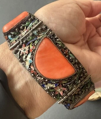 Rare Antique Chinese Large Coral Cloisonne Enamel Silver Filigree Bracelet - Image 1 of 4
