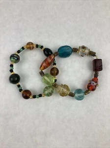Lot of 2 Blue Green Orange Glass Texture Bead Chunky Handmade Bracelets 3 - 3.5" - Picture 1 of 4