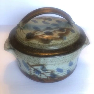 Stoneware Handmade Bean Pot 7” Tall w/Lid Gray Brown Blue Unsigned 7.5” Diameter - Picture 1 of 11
