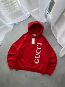 Gucci Red Spellout Hoodie Cotton Sweatshirt vertical logo red crewneck Mens L - Picture 1 of 18