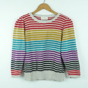 Vintage S M Sweater 70s Crop Stripe Puff Sleeve Rainbow Retro Preppy Nerd Cute - Picture 1 of 6