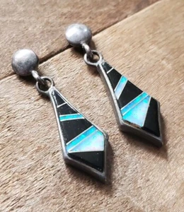 Sterlingsilber schwarz Onyx Opal Inlay Ohrringe heimisch südwestlich - Bild 1 von 7