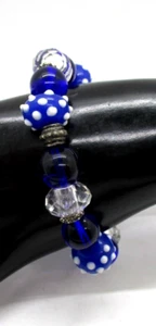 Blue Art Glass faceted crystal silver plated Stretch beaded 7 inch bracelet - Picture 1 of 7