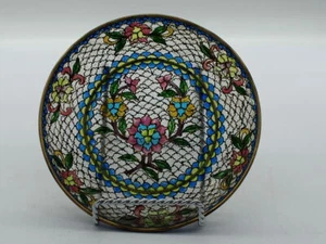 Plique -a Jour Russian Plate Pink/Yellow/Blue Flowers Gold Decor Art Nouveau - Picture 1 of 11