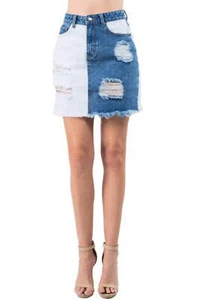 American Bazi Contrast Patched Frayed Denim Skirt Trendy Distressed Stylish - Picture 1 of 6