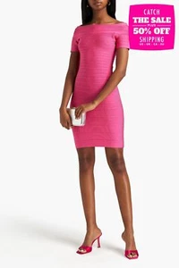 RRP€803 HERVE LEGER Mini Dress Size M Pink Stretch Boat Neck Short Sleeve - Picture 1 of 6