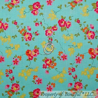 BonEful Fabric FQ Cotton Quilt Aqua Blue Yellow Pink Rose Wild Flower Girl SALE - Image 1 of 4