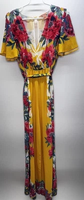 Flying Tomato Yellow Floral Festival Wide Leg Jumpsuit Belted Boho Beach M - Image 1 of 4
