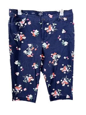 Calça capris St Johns Bay tamanho 8 10 azul floral 18" costura interna 2 bolsos com zíper - Imagem 1 de 4