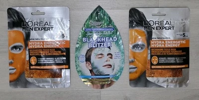 3 x L'OREAL MEN EXPERT HYDRA ENERGETIC SHEET TISSUE MASK & BLACKHEAD BLITZER - Image 1 of 4