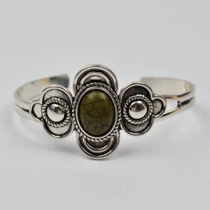 Western Silver Tone Cuff Bracelet - Olive Green Stone - Southwestern Cowgirl - Picture 1 of 6