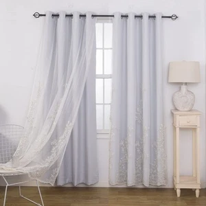 Embroiered Sheer Voile Overlay Solid Curtains, Double Layer Room Darkening Dr... - Picture 1 of 9