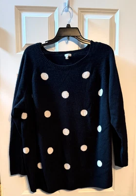 Halogen Cashmere Size 2X Dark Navy Black White Polka Dot Crew Neck Sweater - Image 1 of 4