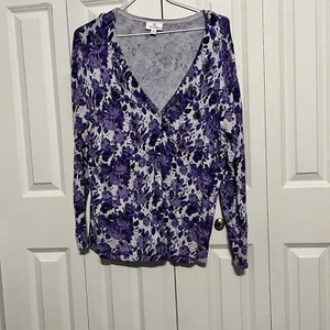Quacker Factory Cardigan 1x, Purple & Gray Flower Print W/beads & Sequins - Picture 1 of 5