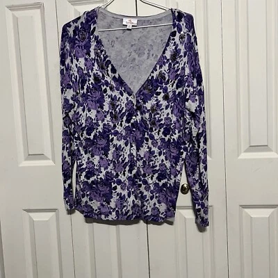 Quacker Factory Cardigan 1x, Purple & Gray Flower Print W/beads & Sequins - Image 1 of 4
