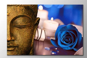 GRANDE ORO BUDDHA CANDELE BIANCHE FIORI BLU TELA WALL ART STAMPA QUADRO NUOVO - Foto 1 di 1