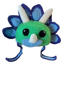 Hat Beanie Kids S Crocheted Dinosaur Spike Green 3D Handmade Triceratops - Picture 1 of 8