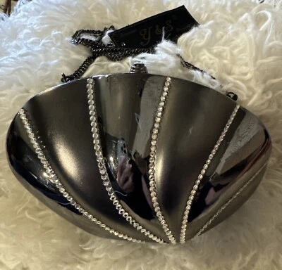 Vintage Seashell Purse 60s Black Metal Rhinestones Accents Clutch/ Chain Strap - Image 1 of 4