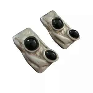 Silver tone brutalist style vintage clip-on earrings black faux stones - Picture 1 of 5
