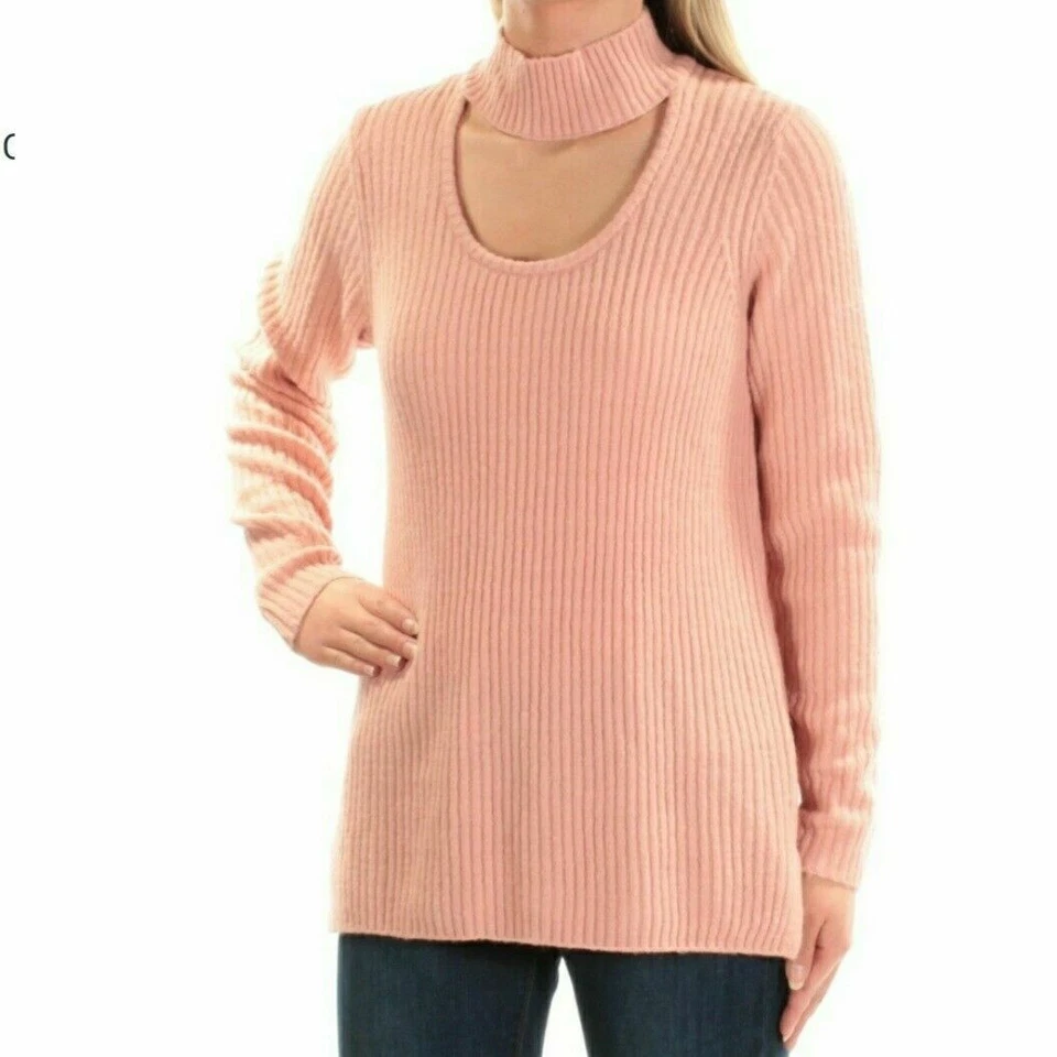 Kensie Womens Pink Choker Long Sleeves Ribbed Knit Sweater Top S BHFO 0535