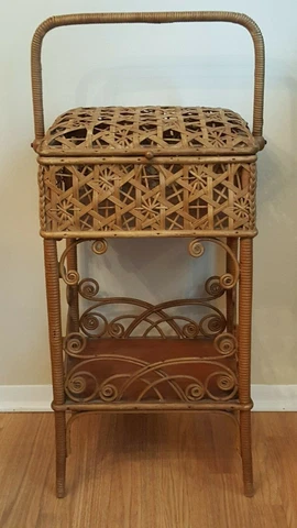 Antique Heywood Brothers Wakefield Rattan Cane and Wood Sewing Stand Basket Mass Cover