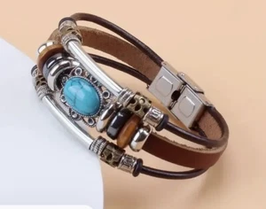Simulated, Turquoise Round Stone & Coffee Brown Leather - Picture 1 of 5