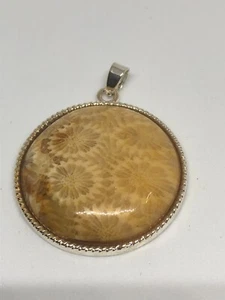 Handmade 925 Sterling Silver Fossil Coral Pendant Round Natural Stone Jewelry - Picture 1 of 8