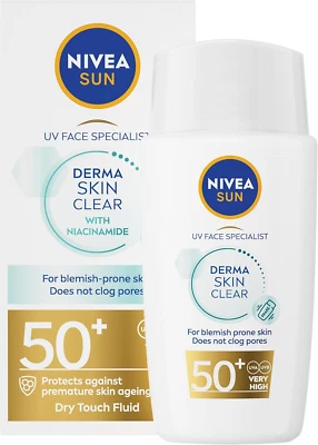 BEIERSDORF UK LTD NIVEA SUN Derma Skin Clear SPF50+ (40Ml), Protezione Solare Viso con Compl Antimacchia