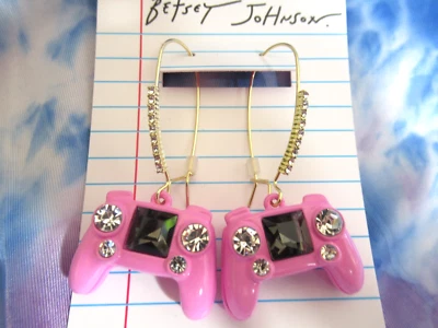 Betsey Johnson Authentic Pink Remote Controller Sherperd Hooks Crystal Earrings - Image 1 of 4