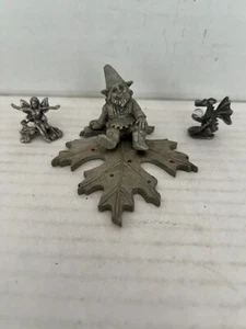 Vintage Figurina Gnomo su foglia d'acero in peltro con fata e drago Sunglo 1992 - Foto 1 di 17