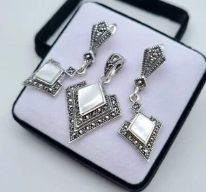 Juego de Joyas, Madreperla Natural y Marcasita, Plata de Ley 925 - Imagen 1 de 4