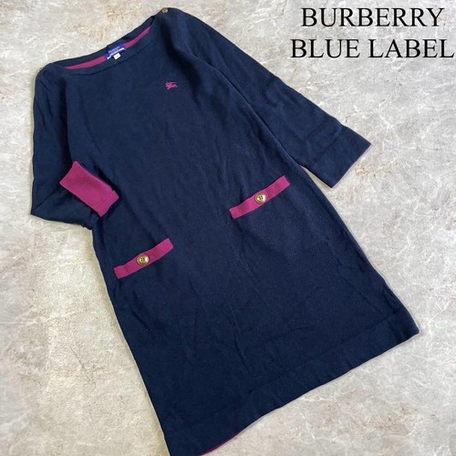 Abito Burberry blu etichetta maglia logo ricamato bottoni metallo rosa navy M