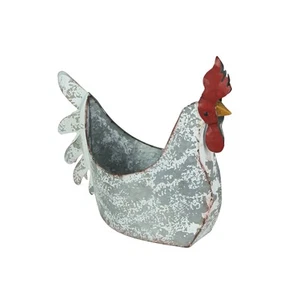 Weathered White Galvanized Metal Rooster Planter - Farmhouse Garden Decor - Picture 1 of 6