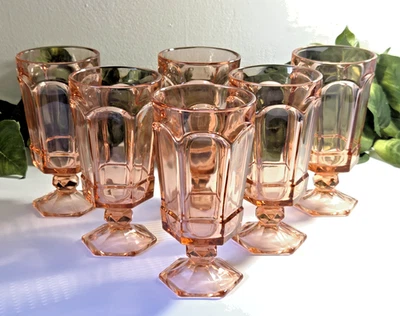 Juego de 6 copas de vidrio de agua de té helado con patas de melocotón vintage Fostoria Virginia Foto 1 de 4