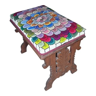 Beautiful Floral VIBRANT Needlepoint Wooden Footstool 19”x 16” – Vintage Ottoman - Image 1 of 4