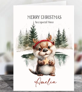 Woodland Otter Personalised Glossy Christmas Greetings Card - Picture 1 of 3