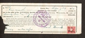 1920 U.S. DOCUMENTARY 2c Carm Bank of Juneau Wisconsin Sc#R229  On Document Pen - Picture 1 of 1
