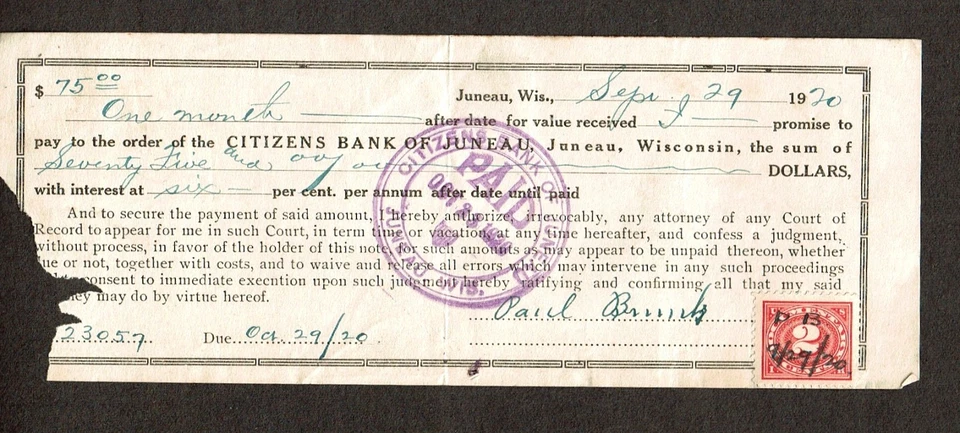 1920 U.S. DOCUMENTARY 2c Carm Bank of Juneau Wisconsin Sc#R229  On Document Pen - Image 1 of 1