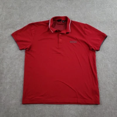 BOSS Polo Shirt Mens Medium Red Regular Fit Stretch Logo Trim Collar - Image 1 of 4