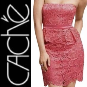 NWT CACHE WOMENS STRAPLESS DRESS SZ 6 PINK CORAL COLOR FLORAL KNIT PATERN - Foto 1 di 12