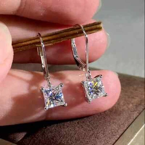 2Ct Princess Cut Lab Created Diamond Drop Dangle Earrings 14K White Gold Finish - Picture 1 of 4