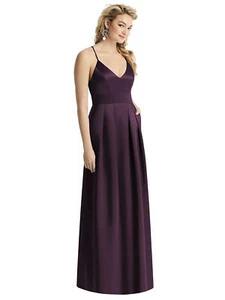 After Six 1521...Pleated Skirt Satin Maxi Dress with Pockets..Aubergine..Size 8 - Picture 1 of 6
