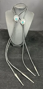 Vintage Sterling & Turquoise Bear Paw Leather Native Bolo Tie Jewelry Set Of 2 - Picture 1 of 11