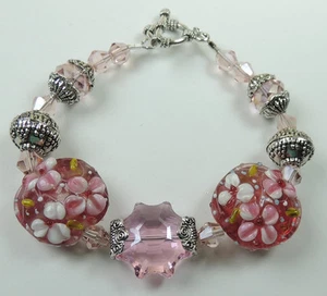 crafted Pink & White Flower Lampwork Bracelet with Pink Crystal & Bali Beads - Picture 1 of 3