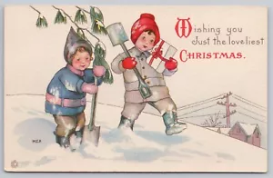 1920er Weihnachten Margaret Evans Price Kinder, Schneeschaufeln Geschenke UNP Postkarte - Bild 1 von 3