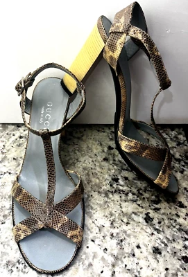 Gucci by Tom Ford Sandals Snake Print Leather T-Strap Stacked Heel US 8 EU 38.5 - Image 1 of 4